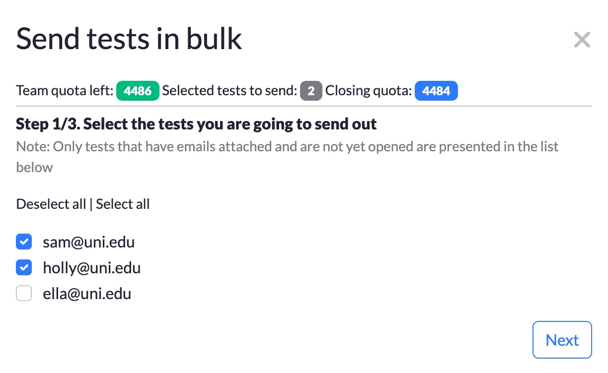 Send test links via email in bulk | Quilgo
