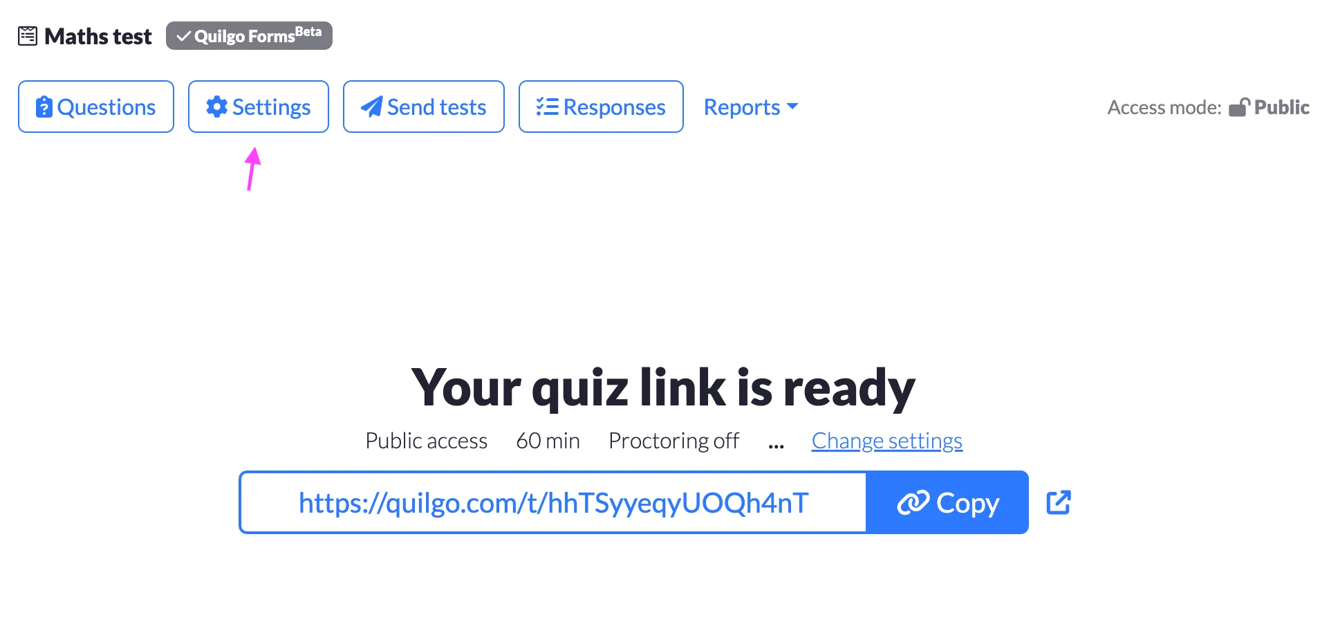 Start configuring online tests | Quilgo